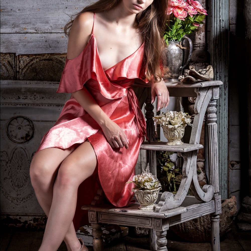 Coral/pink silk and satin dress